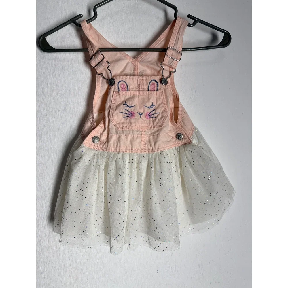 OshKosh Bgosh Pink Bunny Tulle Overall Dress Glitter Tutu Easter Rabbit Skirt
